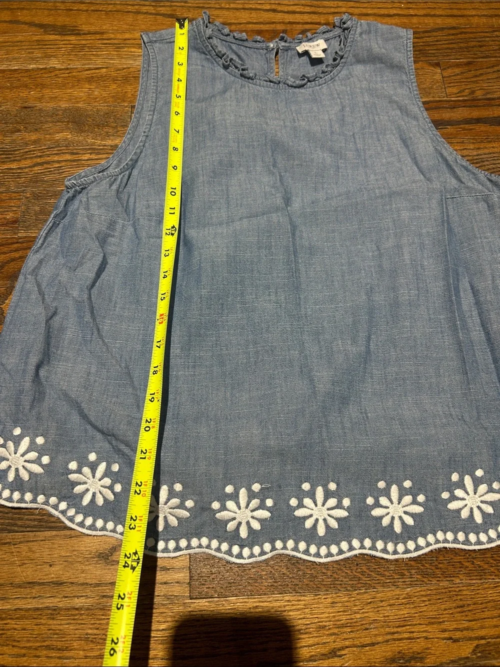 J. Crew Chambray Blue Sleeveless Tank with White Floral Trim